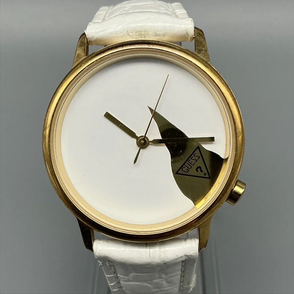 Vintage Guess Womens Watch 34mm White Logo Dial Gold Tone Leather New Battery